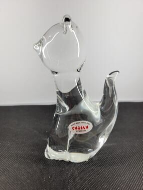 Vintage Sabina Rymanow Poland Art Glass Cat Figurine Hand Blown Crystal Clear